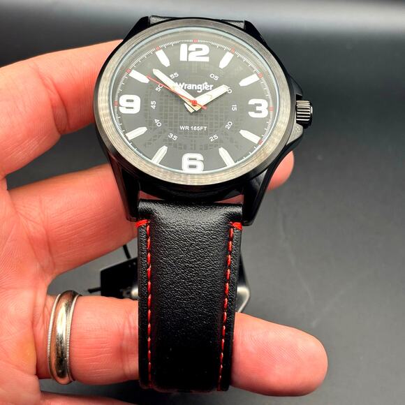 Wrangler WRW2400-1A Mens Black Analog Watch Black Leather Red Stitching Strap - Picture 9 of 17